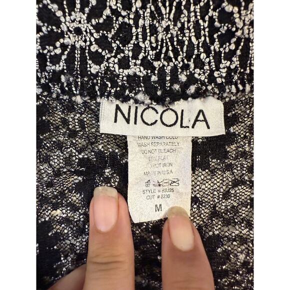 Vintage 90s Nicola Shirt Womens Medium Black White Crochet Lace Button Up USA - Picture 2 of 4